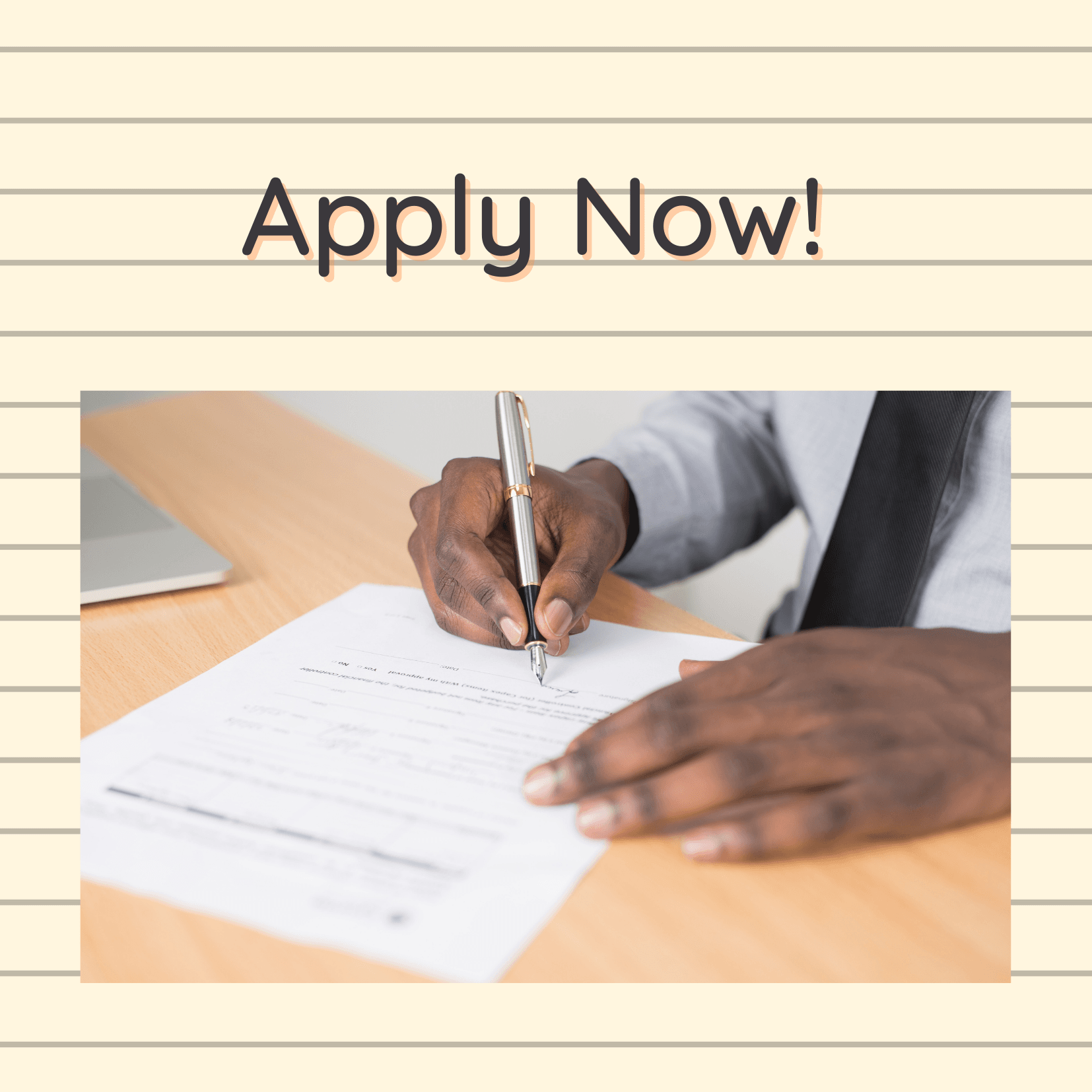 Hyperlinked graphic with text stating apply now.