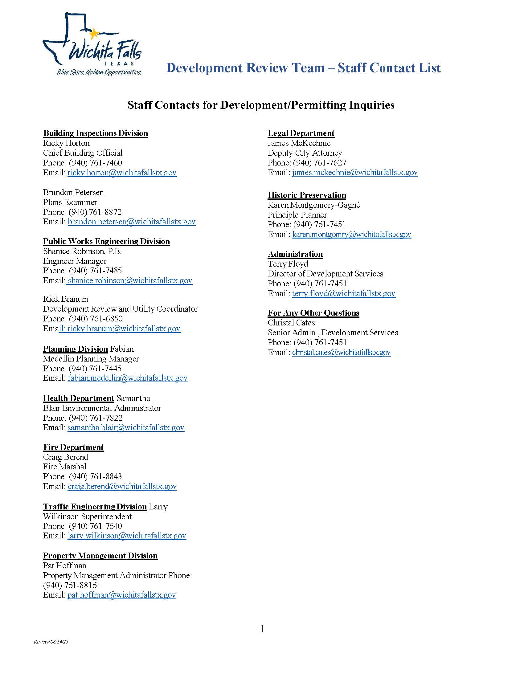 Contact List - City of Wichita Falls - Development Team Staff